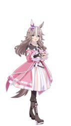Rule 34 | 1girl, animal ears, bad link, black boots, black gloves, blue eyes, boots, bow, dress, ear covers, full body, game model, gloves, grey hair, hair between eyes, hair ornament, highres, horse ears, horse girl, horse tail, knee boots, lace-up boots, long hair, long sleeves, looking at viewer, multicolored hair, open mouth, pantyhose, partially fingerless gloves, pink dress, puffy sleeves, single ear cover, skirt, solo, standing, streaked hair, tachi-e, tail, thick eyebrows, transparent background, umamusume, white hair, wonder acute (umamusume)