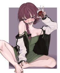 1girl absurdres alcohol alcohol_carton barefoot black_nails black_ribbon blush bocchi_the_rock! braid breasts commentary dress ear_piercing green_dress hair_over_one_eye hair_ribbon highres hiroi_kikuri holding jacket long_hair looking_at_viewer medium_breasts off_shoulder open_clothes open_jacket open_mouth piercing red_hair ribbon sharp_teeth sitting solo strap_slip teeth toenails umashio_potechi-san