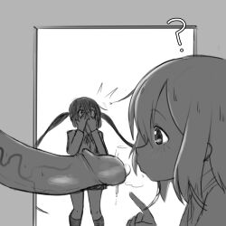 1boy 2girls ? covering_own_mouth door dripping from_side greyscale hetero hirasawa_yui index_finger_raised k-on! looking_at_penis mad_mex monochrome multiple_girls nakano_azusa netorare penis precum short_hair sketch surprised twintails veins veiny_penis