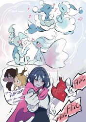 Rule 34 | 4girls, 4others, angry, antlers, brionne, cape, crossover, deer girl, deltarune, english text, gen 7 pokemon, heart, highres, horns, kris (dark world) (deltarune), kris (deltarune), middle finger, miss mizzle, mizzle (deltarune), multiple girls, multiple others, music, musical note, nintendo, noelle holiday, noses touching, pointing, pokemon, pokemon (creature), primarina, rendoll, reptile girl, singing, soul (deltarune), susie (deltarune), trait connection