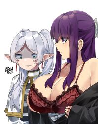 Rule 34 | 2girls, absurdres, artist name, black coat, blunt bangs, bra, breast envy, breasts, capelet, cleavage, closed mouth, coat, commentary, earrings, elf, fern (sousou no frieren), firewpood, frieren, girl staring at guy&#039;s chest (meme), gold trim, green eyes, highres, jewelry, lace, lace-trimmed bra, lace trim, large breasts, long hair, looking at breasts, multiple girls, off shoulder, pointy ears, purple eyes, purple hair, red bra, shaded face, shirt, simple background, sousou no frieren, striped clothes, striped shirt, twintails, underwear, undressing, upper body, white background, white capelet, white hair