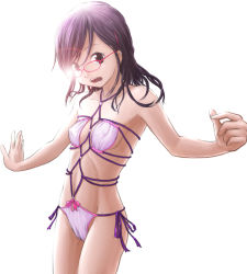 Rule 34 | 1girl, :o, bdsm, bikini, bondage, bound, breasts, brown eyes, brown hair, cameltoe, chairopen, covered erect nipples, female focus, glasses, highres, lens flare, long hair, navel, original, parody, shibari, shibarikini, side-tie bikini bottom, simple background, small breasts, solo, swimsuit