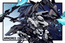 Rule 34 | armored core, armored core vi: fires of rubicon, blue background, copyright name, cowboy shot, energy sword, fighting stance, gun, highres, holding, holding gun, holding weapon, kuroihato, loader 4, mecha, mecha focus, no humans, reverse-jointed legs, rifle, robot, science fiction, spacecraft, standing, steel haze, sword, twitter username, weapon, weapon on back