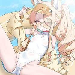 1girl abcd1234_02 absurdres animal_ear_fluff animal_ears arm_up ass bare_shoulders blonde_hair blue_archive breasts cameltoe covered_navel cross_halo diamond_cutout extra_ears eyes_visible_through_hair flat_chest fox_ears fox_girl halo hand_on_headwear highleg highleg_one-piece_swimsuit highres innertube jacket loli long_hair long_sleeves looking_at_viewer lying off_shoulder on_back one-piece_swimsuit open_clothes open_jacket open_mouth ponytail seia_(blue_archive) seia_(swimsuit)_(blue_archive) side_ponytail small_breasts solo spread_legs sunglasses swim_ring swimsuit thighs very_long_hair visor_cap water white_one-piece_swimsuit yellow_eyes yellow_halo yellow_innertube yellow_jacket yellow_visor