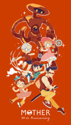 2girls 3boys ana_(mother) black_hair black_shorts blonde_hair blue_eyes blush braid brown_hair clenched_hands closed_mouth copyright_name dot_nose drawing_sword dress eve_(mother) freckles grey_hair grimace gun highres holding holding_gun holding_sword holding_weapon lloyd_(mother) loose_socks mother_(series) mother_1 multiple_boys multiple_girls neckerchief ninten nintendo open_mouth orange_background pants pectorals pink_dress pippi_(mother) pompadour red-framed_eyewear red_footwear red_neckerchief red_shirt red_socks robot rocket round_eyewear shifumame shirt shoes short_hair short_twintails shorts sideways_hat smile sneakers socks sparkle striped_clothes striped_shirt sunglasses sword t-shirt teddy_(mother) twin_braids twintails weapon white_socks yellow_pants yellow_socks
