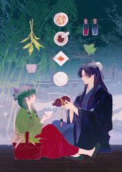1boy 1girl alcohol aoqun bamboo basket black_jacket blue_hanfu blunt_bangs bottle bow bow-shaped_hair bowl bun_cover chinese_clothes closed_mouth cup eyelashes flats full_body garden green_hair green_hanfu green_shoes hair_bobbles hair_bow hair_bun hair_ornament hanfu happy highres holding holding_bottle holding_cup jacket jinshi_(kusuriya_no_hitorigoto) kusuriya_no_hitorigoto leaf lips long_hair long_skirt looking_at_another maomao_(kusuriya_no_hitorigoto) mortar_(bowl) night outdoors parted_bangs pavilion pestle pink_lips pleated_skirt pouring purple_bow purple_eyes purple_hair purple_ribbon red_skirt ribbon shoes sidelocks single_hair_bun sitting skirt smile veranda yueko_(jiayue_wu)