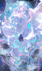 1girl bare_shoulders blue_hair blue_nails breasts detached_sleeves dress flower hair_ornament highres jewelry jingmaifu long_hair looking_at_viewer necklace original solo sparkle very_long_hair white_dress