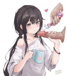 Rule 34 | 1boy, 1girl, artist name, black hair, blush, closed mouth, cup, dated, disembodied hand, disembodied penis, erection, heart, heart-shaped pupils, hetero, highres, holding, holding cup, looking at penis, low twintails, mug, off shoulder, original, penis, penis addicted, penis grab, sawkm, shirt, sidelocks, simple background, single bare shoulder, symbol-shaped pupils, toothpaste, twintails, uncensored, white background, white shirt