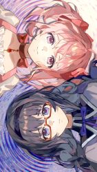 2girls akemi_homura akemi_homura_(magical_girl) black_hair black_hairband blue_eyes bow bow_choker choker closed_mouth frown glasses hair_bow hairband highres kaname_madoka kaname_madoka_(magical_girl) long_hair lying mahou_shoujo_madoka_magica mahou_shoujo_madoka_magica_(anime) multiple_girls o3o2sao on_back pink_eyes pink_hair purple_bow red-framed_eyewear red_bow red_choker ripples rotational_symmetry semi-rimless_eyewear short_twintails smile twintails water