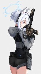 1girl animal_ears ar-15 ass assault_rifle belt belt_pouch black_gloves black_hoodie black_shorts blue_archive blue_halo closed_mouth clov3r commentary_request cowboy_shot dolphin_shorts ear_protection fake_animal_ears from_behind gloves grey_hood grey_sleeves gun hair_between_eyes hair_bun halo handgun highres holding holding_gun holding_weapon holstered hood hood_down hoodie laser_sight legs_together long_sleeves looking_down magazine_(weapon) miyako_(blue_archive) pantylines partially_fingerless_gloves pouch profile purple_eyes rabbit_ears rifle short_shorts shorts sideways_mouth sig_p220/p226 sig_sauer simple_background single_hair_bun solo standing trigger_discipline utility_belt weapon white_background white_hair