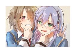 2girls aoi11_luyu blonde_hair blue_jacket blush glasses green_eyes grey_hair hair_ornament hair_over_one_eye hair_over_shoulder hairclip hand_on_another&#039;s_shoulder heaven_burns_red highres izumi_yuki_(heaven_burns_red) jacket kayamori_ruka long_hair long_sleeves low-tied_long_hair multiple_girls necktie red_eyes red_necktie round_eyewear shirt short_hair white_shirt yuri