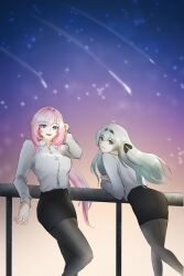 2girls black_pantyhose black_skirt blue_eyes breasts commentary_request elysia_(honkai_impact) elysia_(office_lady)_(honkai_impact) firefly_(honkai:_star_rail) grey_hair highres honkai:_star_rail honkai_(series) honkai_impact_3rd large_breasts long_hair multiple_girls night night_sky official_alternate_costume open_mouth pantyhose pencil_skirt pink_hair shirt shooting_star skirt sky star_(sky) starry_sky white_shirt yakmeephuawkaa