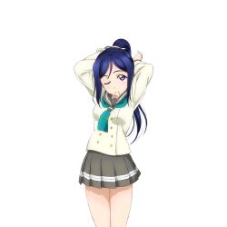 Rule 34 | 1girl, adjusting hair, anime coloring, aqua neckerchief, arms behind head, arms up, blue hair, blush, buttons, collarbone, cowboy shot, double-breasted, grey sailor collar, grey skirt, hair tie in mouth, holding, holding own hair, long hair, long sleeves, looking at viewer, love live!, love live! school idol festival, love live! sunshine!!, matsuura kanan, miniskirt, mouth hold, neckerchief, official art, one eye closed, open hand, pleated skirt, ponytail, purple eyes, sailor collar, school uniform, serafuku, shirt, skirt, smile, solo, standing, tie clip, transparent background, tying hair, uranohoshi school uniform, white shirt, winter uniform