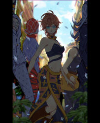 1girl 4boys animal_print argyle_clothes argyle_hat argyle_sweater bare_shoulders black_shirt black_tank_top blue_eyes blue_sweater boots breasts bruno_bucciarati choker commentary commentary_request fingernails grey_hair grey_jacket grey_pants guido_mista hat jacket jojo_no_kimyou_na_bouken leone_abbacchio long_fingernails long_hair medium_breasts medium_hair miniskirt multiple_boys narancia_ghirga o_ok orange_eyes orange_skirt pants pink_hair red_hat red_pants shirt skirt sleeveless sleeveless_shirt solo_focus sweater tank_top trish_una vento_aureo zebra_print