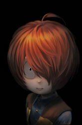 ._. 1boy black_background black_eyes brown_hair commentary_request gegege_no_kitarou hair_over_one_eye highres kitarou kujukusima looking_at_viewer male_focus short_hair simple_background solo upper_body
