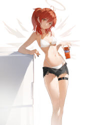 1girl absurdres arknights bikini black_nails black_shorts breasts can chinese_commentary cleavage closed_mouth commentary_request detached_wings drink drink_can exusiai_(arknights) feet_out_of_frame fingernails grey_halo hair_between_eyes halo highres holding holding_drink looking_at_viewer medium_breasts medium_hair moja nail_polish navel orange_hair refrigerator short_shorts shorts simple_background smile solo standing stomach sweatdrop swimsuit thigh_strap torn_clothes torn_shorts traditional_halo white_background white_bikini wings yellow_eyes