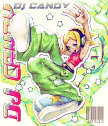 Rule 34 | bandaid, bandaid on face, bandaid on nose, barcode, blue footwear, character name, crop top, dj candy, green eyes, green pants, headphones, lobotoloid, mysims, pants, pixelated, puffy pants, red shirt, shirt, star (symbol), star print