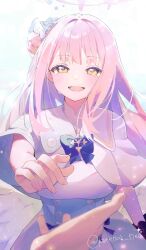 1boy 1girl beckoning blue_archive blush breasts capelet commentary dress feathered_wings hair_bun halo highres kurenai_no_hikou-tei long_hair looking_at_viewer medium_breasts mika_(blue_archive) open_mouth pink_hair pov pov_hands revision scrunchie simple_background single_side_bun smile teardrop tears twitter_username very_long_hair white_background white_capelet white_dress white_wings wings wrist_scrunchie