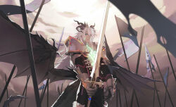 Rule 34 | 1boy, absurdres, armor, balmung (fate), cloud, cowboy shot, curled horns, dragon boy, dragon horns, dragon tail, dragon wings, fate/apocrypha, fate/grand order, fate (series), firewind, flag, gauntlets, glowing scar, green eyes, hair between eyes, highres, holding, holding sword, holding weapon, horns, long hair, looking at viewer, male focus, pauldrons, planted, plunging neckline, polearm, shoulder armor, siegfried (fate), siegfried (third ascension) (fate), sky, solo, spear, sword, tail, torn flag, weapon, white hair, wings