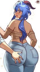 1girl absurdres ahoge alternate_costume artist_name ass ass_focus backboob beige_sweater blue_hair blurry blush breasts cleavage collarbone cowboy_shot curvy deep_skin denim embarrassed ganyu_(genshin_impact) genshin_impact grabbing_another&#039;s_ass groping half-closed_eyes highres horns huge_ass jeans jerkdibuja large_breasts long_hair long_sleeves looking_back midriff off_shoulder open_mouth pants parted_lips plunging_neckline purple_eyes road shadow simple_background solo_focus sparkle thick_thighs thighs translated very_long_hair white_background