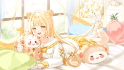 1girl :3 absurdres banana banana_peel bed bed_sheet bedroom blonde_hair cat_tail character_request child copyright_request curtains cushion ears food fruit highres long_hair looking_at_viewer lying matching_hair/eyes monkey monkey_tail on_stomach ornament picture_frame pillow pocket sayan school_uniform skirt smile socks stuffed_animal stuffed_toy tagme tail teddy_bear thighs window yellow_eyes