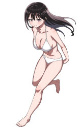 1girl absurdres barefoot bikini black_hair breasts brown_eyes cleavage collarbone commentary_request full_body highres long_hair medium_breasts original running simple_background smile solo swimsuit tuskryo white_background white_bikini