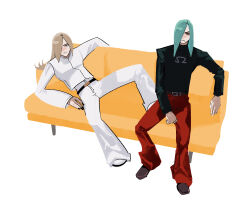 Rule 34 | 2boys, belt, belt buckle, black belt, black jacket, black nails, black shoes, blue eyes, buckle, closed mouth, couch, dot nose, elbow rest, frown, green hair, hexermer, highres, jacket, long hair, long sleeves, looking at viewer, lying, male focus, multiple boys, nail polish, omega symbol, on back, pants, parted bangs, red pants, remy (street fighter), saiki (kof), shoes, simple background, sitting, street fighter, street fighter iii (series), the king of fighters, white background, white jacket, white pants, white shoes