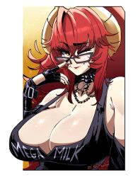 1girl absurdres artist_name border breasts choker commentary dragon_girl dragon_horns english_commentary fingerless_gloves glasses gloves hair_between_eyes highres horns indie_virtual_youtuber king_meg_art large_breasts looking_at_viewer one_eye_closed red_hair solo spiked_choker spikes upper_body virtual_youtuber white_border yellow_eyes zentreya zentreya_(dragon)