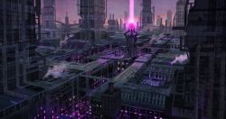 building city commentary glowing highres industrial industrial_pipe kiginobiru_(hayapi) laser no_humans original outdoors science_fiction skyscraper steam urban window