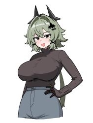 1girl alternate_costume black_horns black_sweater breasts caesar_king_(zenless_zone_zero) casual cocktiel77 commentary_request cropped_legs denim green_eyes green_hair hair_between_eyes hair_intakes hair_ornament hand_on_own_hip horns jeans korean_commentary large_breasts long_hair mechanical_arms open_mouth pants ponytail prosthesis prosthetic_arm single_mechanical_arm smile solo sweater turtleneck turtleneck_sweater white_background yellow_eyes zenless_zone_zero