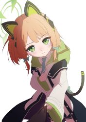 1girl 1other animal_ear_headphones animal_ears black_shorts blonde_hair blue_archive blue_necktie bow buttons cat_ear_headphones cat_ears cat_tail closed_mouth collared_shirt cowboy_shot dot_nose dutch_angle fake_animal_ears fake_tail green_bow green_eyes green_halo green_jacket hair_bow halo hand_on_own_chest headphones hood hood_down hooded_jacket jacket long_sleeves looking_at_viewer low-tied_sidelocks medium_hair meluwow midori_(blue_archive) multicolored_jacket necktie open_clothes open_jacket pov pulling_another&#039;s_clothes shirt short_shorts shorts sidelighting sidelocks simple_background split_mouth standing tail two-sided_fabric two-sided_jacket untucked_shirt white_background white_jacket white_shirt wide_sleeves
