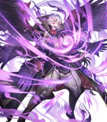 Rule 34 | attack, aura, black coat, black hair, black wings, body markings, claws, coat, dark aura, energy ball, extra eyes, feathered wings, fire emblem, fire emblem awakening, fire emblem heroes, glowing markings, highres, male robin (fire emblem), male robin (grima) (fire emblem), male robin (grima) (tyrant of ruin) (fire emblem), nintendo, non-web source, official art, open mouth, partial transformation, red eyes, smile, solo, white background, wings