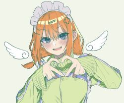 Rule 34 | 1girl, alternate hairstyle, angel wings, blue eyes, blush, clover hair ornament, four-leaf clover hair ornament, go-toubun no hanayome, green jacket, grey background, hair ornament, hairclip, heart, heart hair ornament, heart hands, highres, jacket, long sleeves, looking at viewer, low twintails, maid headdress, medium hair, nakano yotsuba, open mouth, simple background, solo, susukida (sususabu0710), sweat, track jacket, twintails, upper body, wings