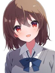 1girl blue_bow blue_bowtie blush bow bowtie brown_hair collared_shirt commentary_request double-parted_bangs dress_shirt grey_sweater hair_between_eyes highres looking_at_viewer loose_bowtie medium_hair mochigome_(ununquadium) open_mouth original red_eyes shirt simple_background solo sweater upper_body white_background white_shirt