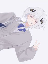 1girl ^_^ alternate_costume bag bow bowtie cardigan cevio closed_eyes collared_shirt flat_chest grey_hair grey_jacket grin hair_ornament hair_tubes hand_up head_tilt highres jacket kafu_(cevio) long_hair long_sleeves medium_hair notice_lines saka_(sa_ka) school_bag school_uniform shirt sideways simple_background sleeves_past_wrists smile solo v white_shirt