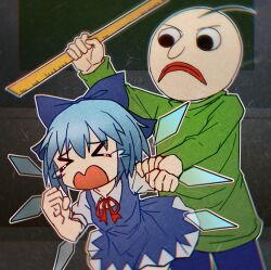 &gt;o&lt; 1boy 1girl baldi baldi&#039;s_basics black_eyes black_hair blue_bow blue_dress blue_hair blue_pants bow caught chalkboard chinese_commentary cirno classroom clenched_hands collared_shirt commentary_request crossover crying dark_background dress fairy fairy_wings green_shirt hair_bow hand_on_another&#039;s_shoulder highres holding_ruler ice ice_wings indoors long_sleeves neck_ribbon pants puffy_short_sleeves puffy_sleeves red_lips red_ribbon ribbon running sdz_(inazuma) shirt short_dress short_hair short_sleeves sleeveless sleeveless_dress touhou v-shaped_eyebrows very_short_hair white_shirt white_trim wings