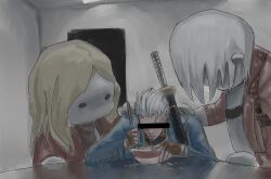 2boys 2others belt_bra big_head black_gloves blank_room_soup blue_coat blue_eyes bowl brothers censored coat counto49 dante_(devil_may_cry) devil_may_cry devil_may_cry_(series) devil_may_cry_3 doqute_doll_photoshoot_parody_(meme) eating eva_(devil_may_cry) family fingerless_gloves food gloves hair_slicked_back highres holding holding_ladle holding_spoon holding_weapon censored_identity indoors katana ladle long_hair long_sleeves male_focus meme mother_and_son multiple_boys multiple_others parody red_coat siblings soup spoon sunken_eyes sword table upper_body vergil_(devil_may_cry) weapon white_hair yamato_(sword)