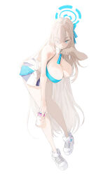 1girl a3_mong absurdres alternate_costume asuna_(blue_archive) blue_archive blue_eyes blue_halo bottle breasts brown_hair closed_mouth commentary_request full_body hair_over_one_eye halo highres holding holding_bottle large_breasts leaning_forward long_hair looking_ahead millennium_cheerleader_outfit_(blue_archive) mole mole_on_breast one_eye_covered pleated_skirt shoes simple_background skirt sneakers solo standing sweat very_long_hair water_bottle white_background white_shoes white_skirt