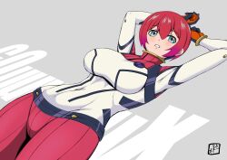 1girl amate_yuzuriha aqua_eyes bodysuit donson gundam gundam_gquuuuuux hair_between_eyes lying mecha_pilot_suit multicolored_bodysuit normal_suit_(gundam) on_back red_hair short_hair solo
