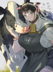 1girl animal_ear_hairband animal_ears animal_print apron bell belt_collar black_apron black_collar black_hair blush borrowed_character bracelet breasts closed_eyes closed_mouth collar collared_shirt commentary cow cow_ears cow_girl_(riki_unc) cow_horns cow_print cowbell cowboy_shot denim denim_shorts doodle_inset expressionless fake_animal_ears fake_horns grass grey_background grey_shirt hair_ribbon hairband hand_on_animal heads_together highres horns jewelry kuno_(9_1_kuno_ichi) large_breasts looking_at_viewer mole mole_under_eye neck_bell original outdoors pink_eyes pink_ribbon plump pocket ribbon shirt short_shorts short_sleeves shorts sidelocks simple_background solo twintails twitter_username white_hairband