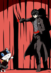 10s 1boy amamiya_ren bad_id bad_pixiv_id black_hair black_pants boots brown_footwear cat club3 coat commentary_request curtains gloves grey_eyes grin high_contrast highres light_smile looking_at_viewer male_focus morgana_(persona_5) open_clothes open_coat pants persona persona_5 red_gloves signature smile standing vest