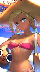 Rule 34 | 1girl, absurdres, akisa yositake, ball, bikini, blonde hair, blue eyes, braid, breasts, brown hat, cammy white, closed mouth, commentary request, hat, highres, holding, holding ball, long hair, looking at viewer, medium breasts, navel, red bikini, solo, straw hat, street fighter, street fighter 6, swimsuit, tan, tanline, twin braids, twitter username, volleyball (object)