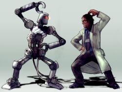 Rule 34 | 1boy, cable, combot (tekken), game cg, glasses, glowing, glowing eyes, hand on own head, hand on own hip, humanoid robot, imitating, joints, kawano takuji, lab coat, looking at another, mechanical arms, mimic, official art, red eyes, robot, robot joints, scientist, simple background, tekken, tekken 4, white background