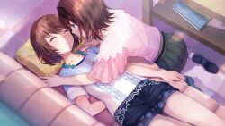 2girls ^_^ arm_behind_back blue_eyes blue_shirt blue_shoes blue_shorts blush bob_cut brown_hair closed_eyes collarbone couch crescent crescent_necklace flipped_hair frilled_socks frills game_cg green_skirt jewelry kneeling looking_at_another lying multiple_girls necklace non-web_source official_alternate_hair_length official_alternate_hairstyle official_art on_back on_couch otori_ai pink_shirt pleated_skirt polka_dot polka_dot_shorts shirt shoes short_hair short_shorts short_sleeves shorts siblings sisters skirt socks unconscious white_socks yanagiya_kokoro yumeutsutsu_re:master