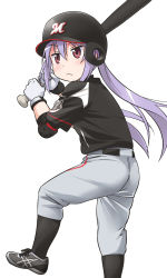 1girl baseball_bat baseball_helmet baseball_uniform black_legwear blush elbow_pads female_focus gloves helmet holding long_hair miyauchi_renge non_non_biyori pants purple_hair red_eyes shirt short_sleeves simple_background solo sportswear twintails white_background youkan