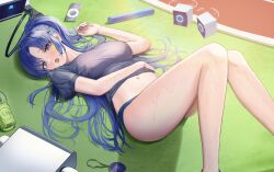 1girl absurdres ass black_shirt blue_archive blush breasts doggo34476335 drone facial_mark feet_out_of_frame gym_shirt gym_uniform halo highres korean_commentary long_hair mechanical_halo medium_breasts navel official_alternate_costume open_mouth purple_eyes purple_hair shirt short_sleeves solo star_(symbol) thighs yuuka_(blue_archive) yuuka_(track)_(blue_archive)
