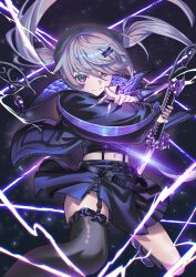 1girl absurdres asymmetrical_legwear belt black_jacket black_skirt black_thighhighs drawing_sword electricity floating_hair fluffycatfish glint hair_ornament hairclip highres holding holding_sword holding_weapon hololive hololive_english jacket katana koseki_bijou koseki_bijou_(casual) long_hair looking_at_viewer metal_wings midriff miniskirt multiple_belts navel official_alternate_costume official_alternate_hairstyle open_clothes open_jacket pointing pointing_at_viewer purple_eyes purple_hair single_thighhigh skirt smile solo swept_bangs sword thighhighs tomato_(sword) twintails virtual_youtuber weapon