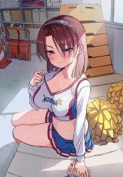1boy 1girl blush bra breasts cheerleader cleavage closed_mouth clothes_lift crop_top gym_storeroom hairband holding_hands ishizaka_ryuudai large_breasts lifting_own_clothes long_sleeves looking_at_viewer mat medium_hair midriff miniskirt naughty_face original parted_bangs pleated_skirt pom_pom_(cheerleading) pov purple_bra red_hair seductive_smile shelf shirt_lift sitting skirt smile solo_focus sweat thighs underwear vaulting_horse white_hairband