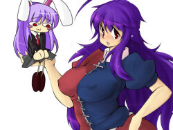 2girls :3 animal_ears black_jacket blazer blue_dress collared_shirt commentary_request cosplay covered_erect_nipples dress grey_skirt in_palm jacket long_hair long_sleeves looking_at_viewer mori_shin_risuku morswa multiple_girls necktie puffy_short_sleeves puffy_sleeves purple_hair rabbit_ears rabbit_girl red_dress red_eyes red_necktie reisen_udongein_inaba shirt short_sleeves sidelocks simple_background skirt touhou two-tone_dress upper_body very_long_hair white_background white_shirt yagokoro_eirin yagokoro_eirin_(cosplay)