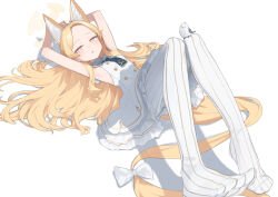 1girl animal_ear_fluff animal_ears armpits awoilo bird blonde_hair blue_archive bow dress feet forehead fox_ears gradient_eyes halo knees_up loli long_hair looking_at_viewer lying multicolored_eyes necktie no_shoes on_back pantyhose parted_lips seia_(blue_archive) simple_background sleeveless sleeveless_dress solo striped_clothes striped_pantyhose toes vertical-striped_clothes vertical-striped_pantyhose very_long_hair white_background white_bow white_dress white_pantyhose yellow_halo